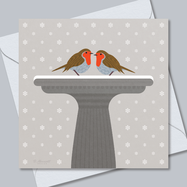 Robins On A Snowy Bird Bath Christmas Card