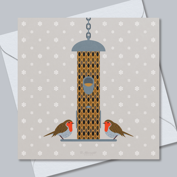 Robins On A Snowy Bird Feeder Christmas Card