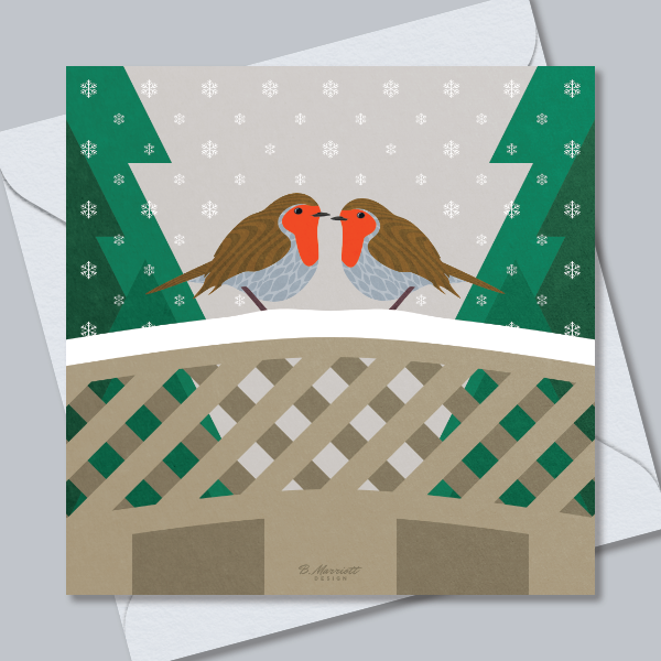 Robins On A Snowy Fence Christmas Card