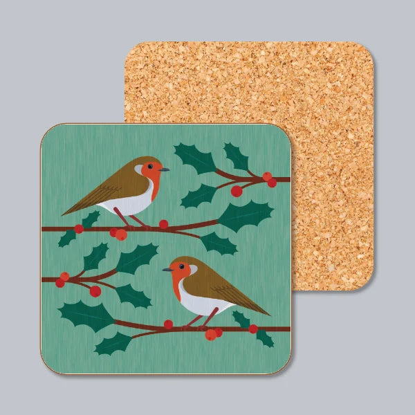 Robins On Holly Branches (Green) Coaster