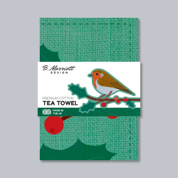 Robins On Holly Branches Tea Towel