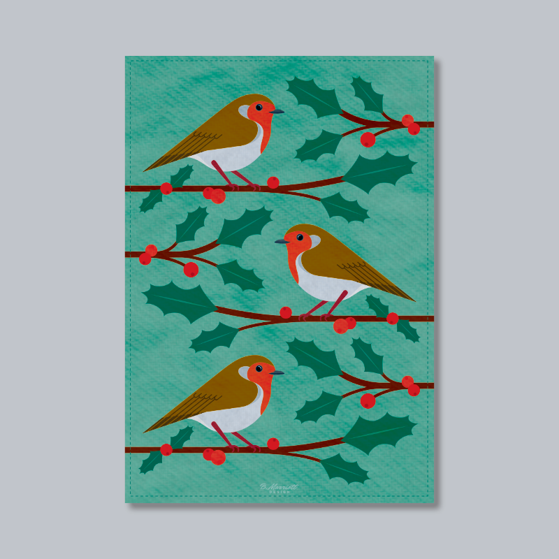 Robins On Holly Branches Tea Towel