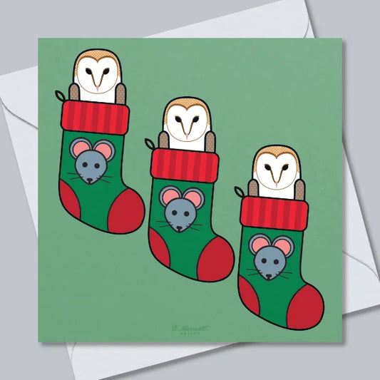 Barn Owls In Stockings Greetings Card