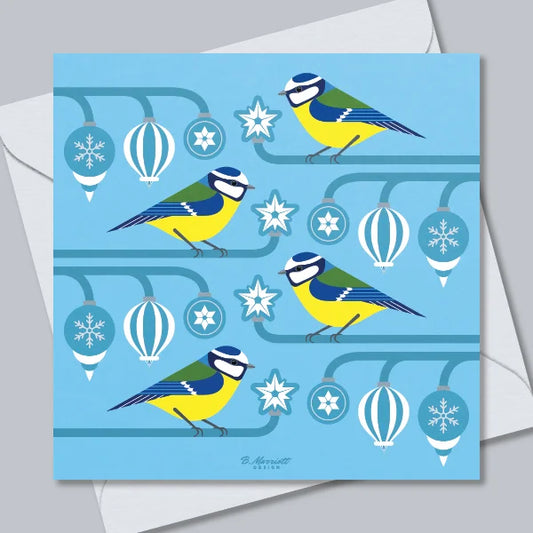 Blue Tits On Baubles Greetings Card
