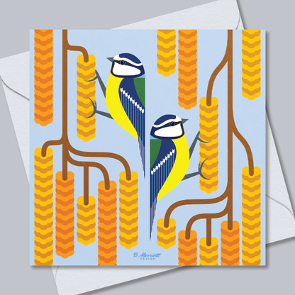 Blue Tits On Catkins Greetings Card