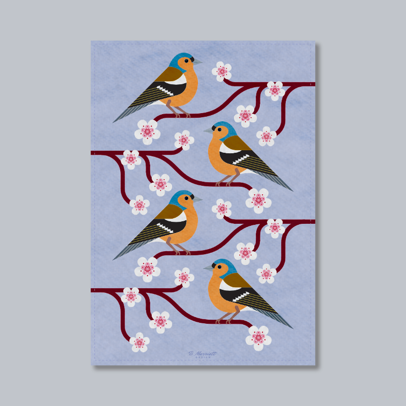Chaffinches On Cherry Blossom Tea Towel