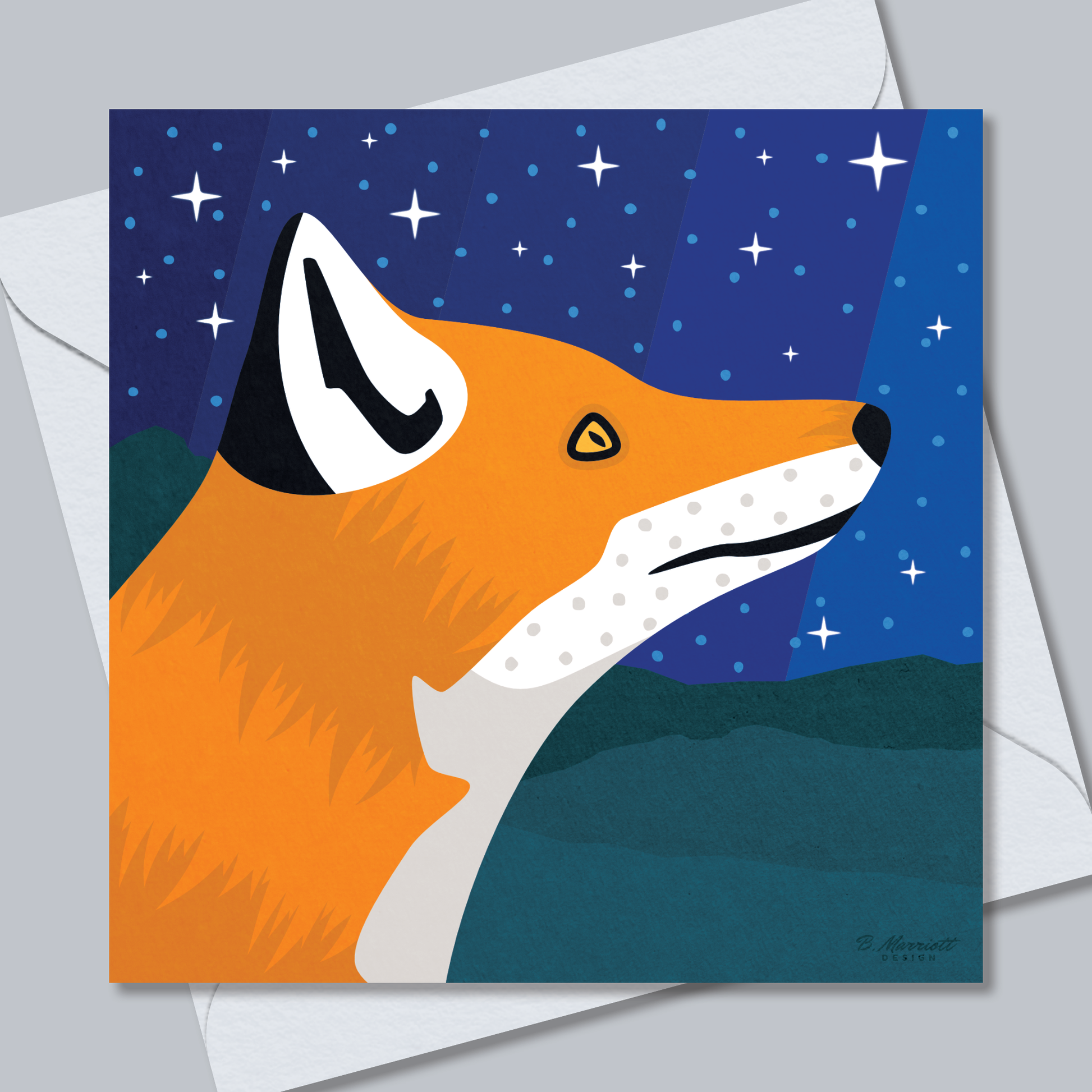 Fox At Night | British Birds & Wildlife Greetings Card from B. Marriott Design | 100% recycled, 100% recyclable & supporting charity with every purchase.