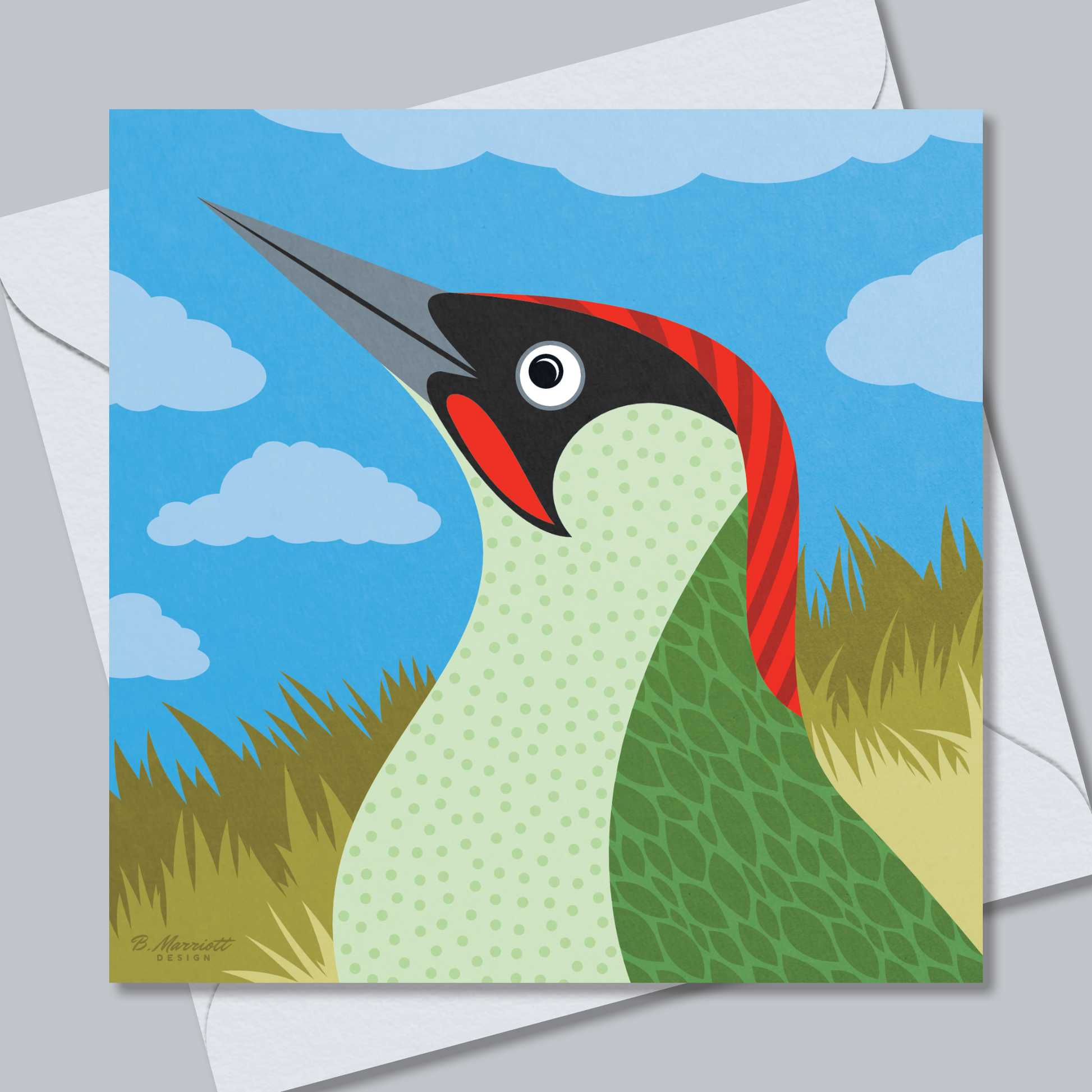 Green Woodpecker Portrait | British Birds & Wildlife Greetings Card from B. Marriott Design | 100% recycled, 100% recyclable & supporting charity with every purchase.