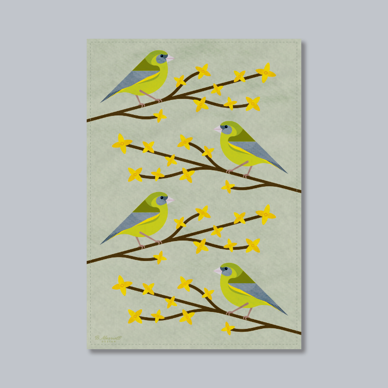 Greenfinches On Forsythia Tea Towel