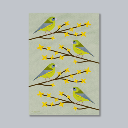 Greenfinches On Forsythia Tea Towel