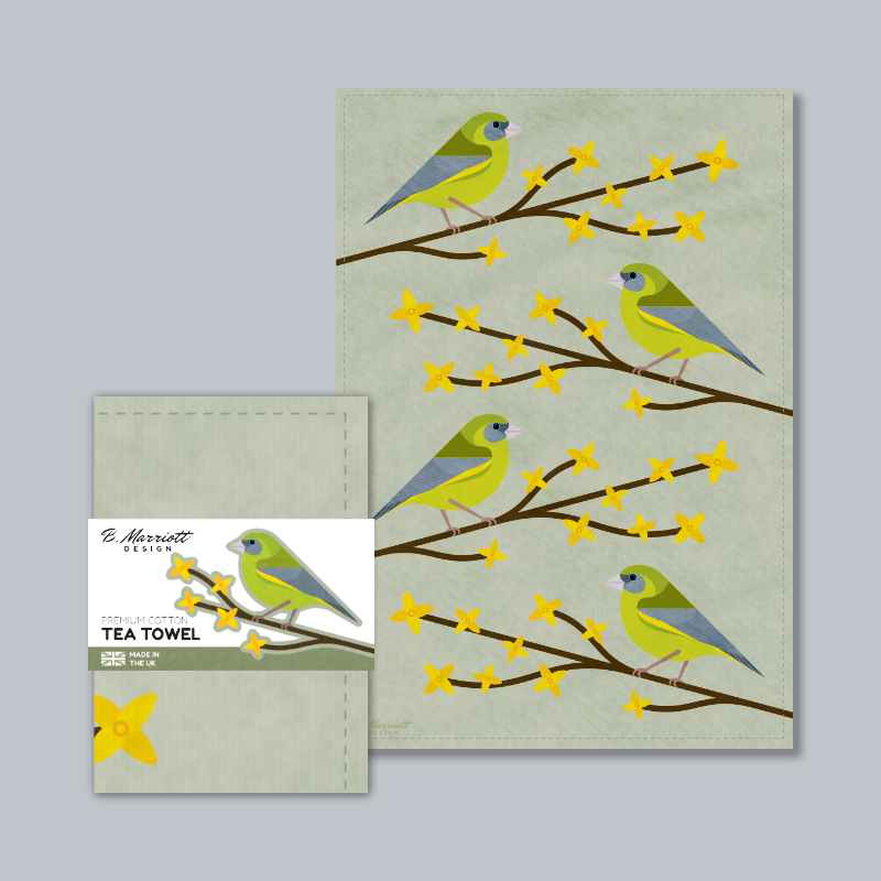 Greenfinches On Forsythia Tea Towel