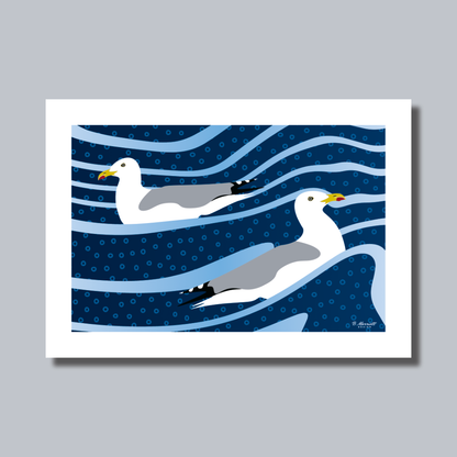 Gulls Riding The Waves Art Print