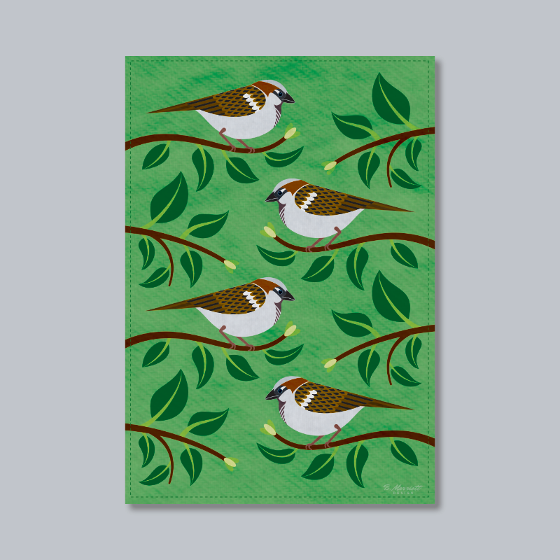 House Sparrows In A Hedge Tea Towel