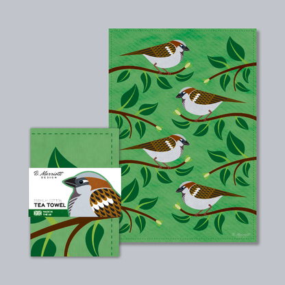 House Sparrows In A Hedge Tea Towel