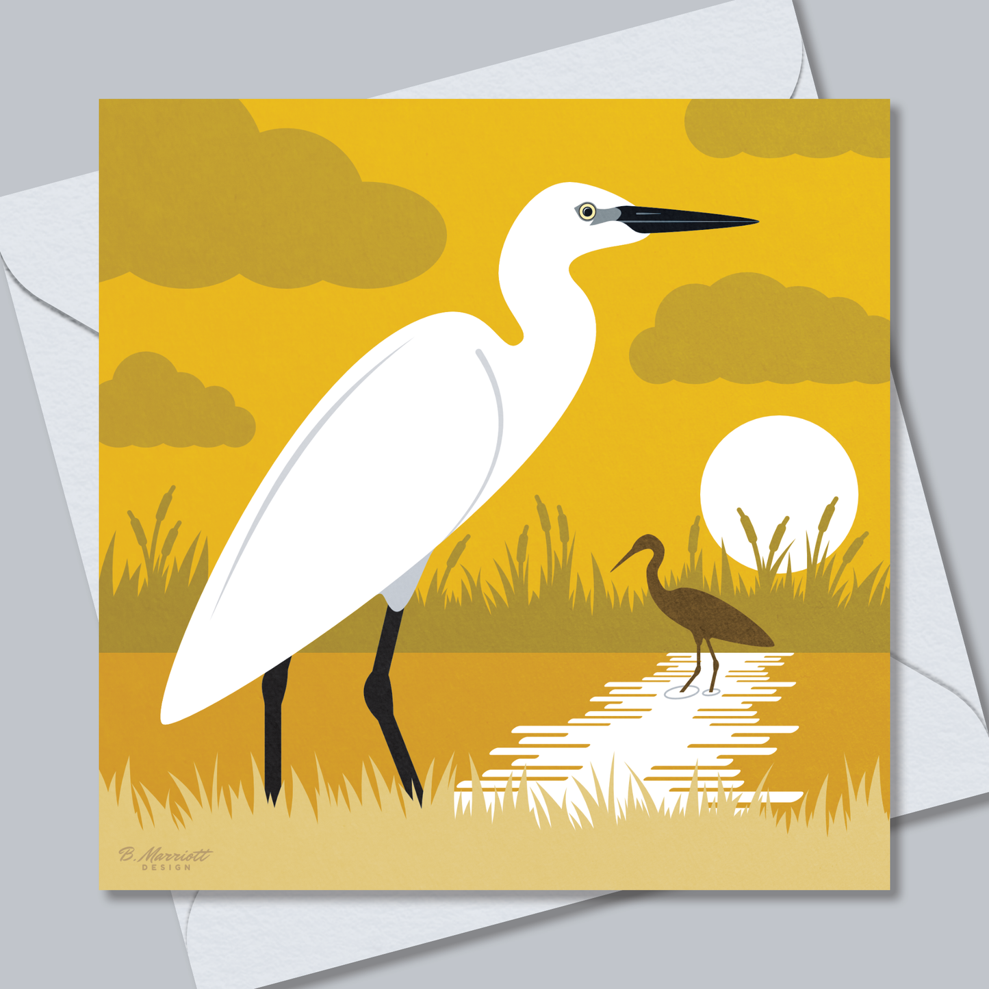 Little Egrets At Sunset | British Birds & Wildlife Greetings Card from B. Marriott Design | 100% recycled, 100% recyclable & supporting charity with every purchase.