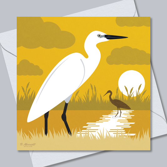 Little Egrets At Sunset | British Birds & Wildlife Greetings Card from B. Marriott Design | 100% recycled, 100% recyclable & supporting charity with every purchase.