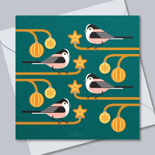 Long-Tailed Tits On Baubles (Green) Greetings Card