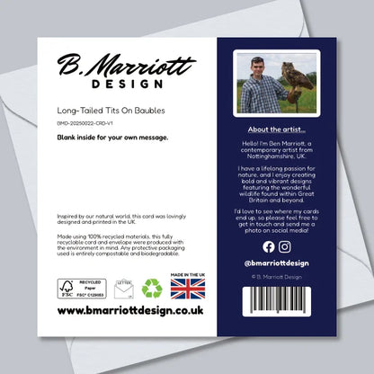 Long-Tailed Tits On Baubles (Green) Greetings Card