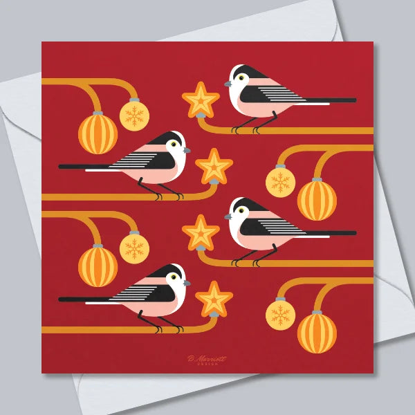 Long-Tailed Tits On Baubles (Red) Greetings Card