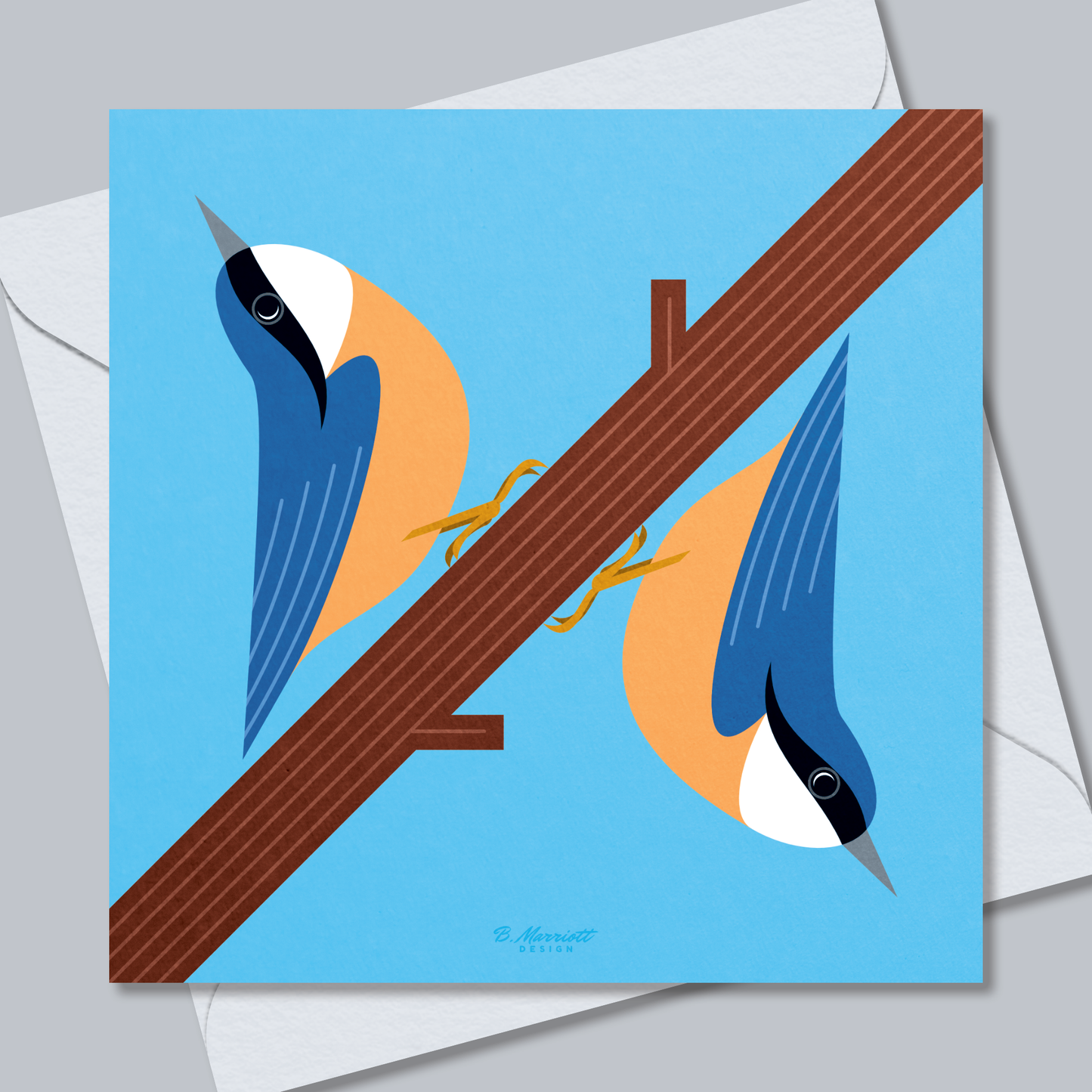 Nuthatches On A Branch | British Birds & Wildlife Greetings Card from B. Marriott Design | 100% recycled, 100% recyclable & supporting charity with every purchase.