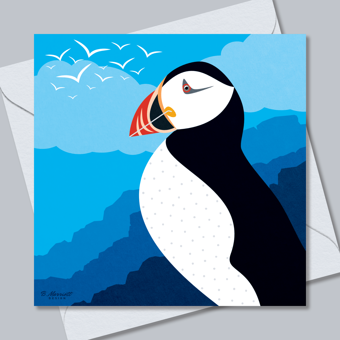 Puffin On The Cliffs | British Birds & Wildlife Greetings Card from B. Marriott Design | 100% recycled, 100% recyclable & supporting charity with every purchase.