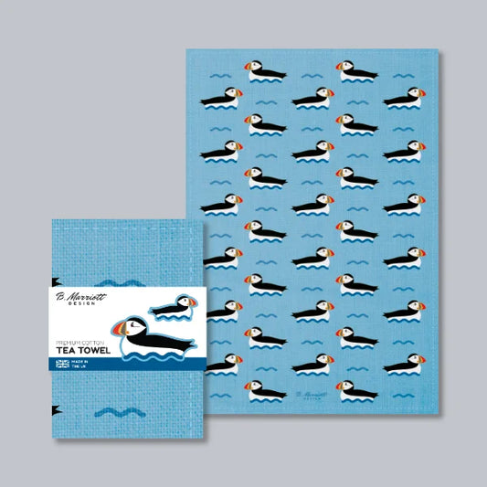 Puffins On The Waves Tea Towel