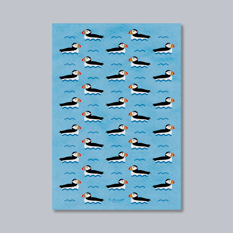 Puffins On The Waves Tea Towel