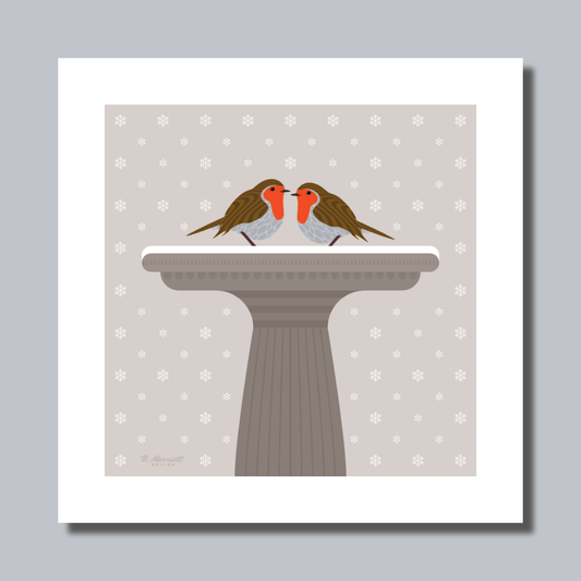 Robins On A Snowy Bird Bath Art Print