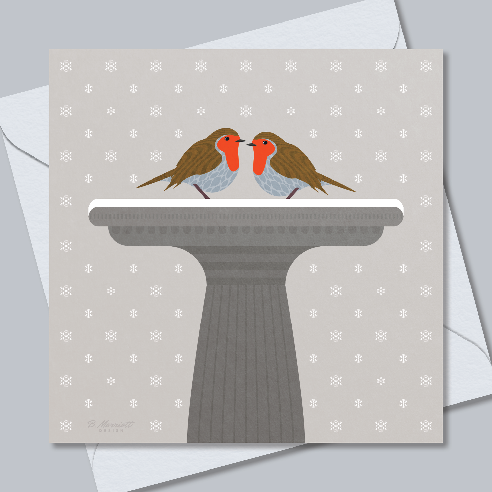 Robins On A Snowy Bird Bath | British Birds & Wildlife Christmas Card from B. Marriott Design | 100% recycled, 100% recyclable & supporting charity with every purchase.