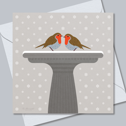 Robins On A Snowy Bird Bath | British Birds & Wildlife Christmas Card from B. Marriott Design | 100% recycled, 100% recyclable & supporting charity with every purchase.