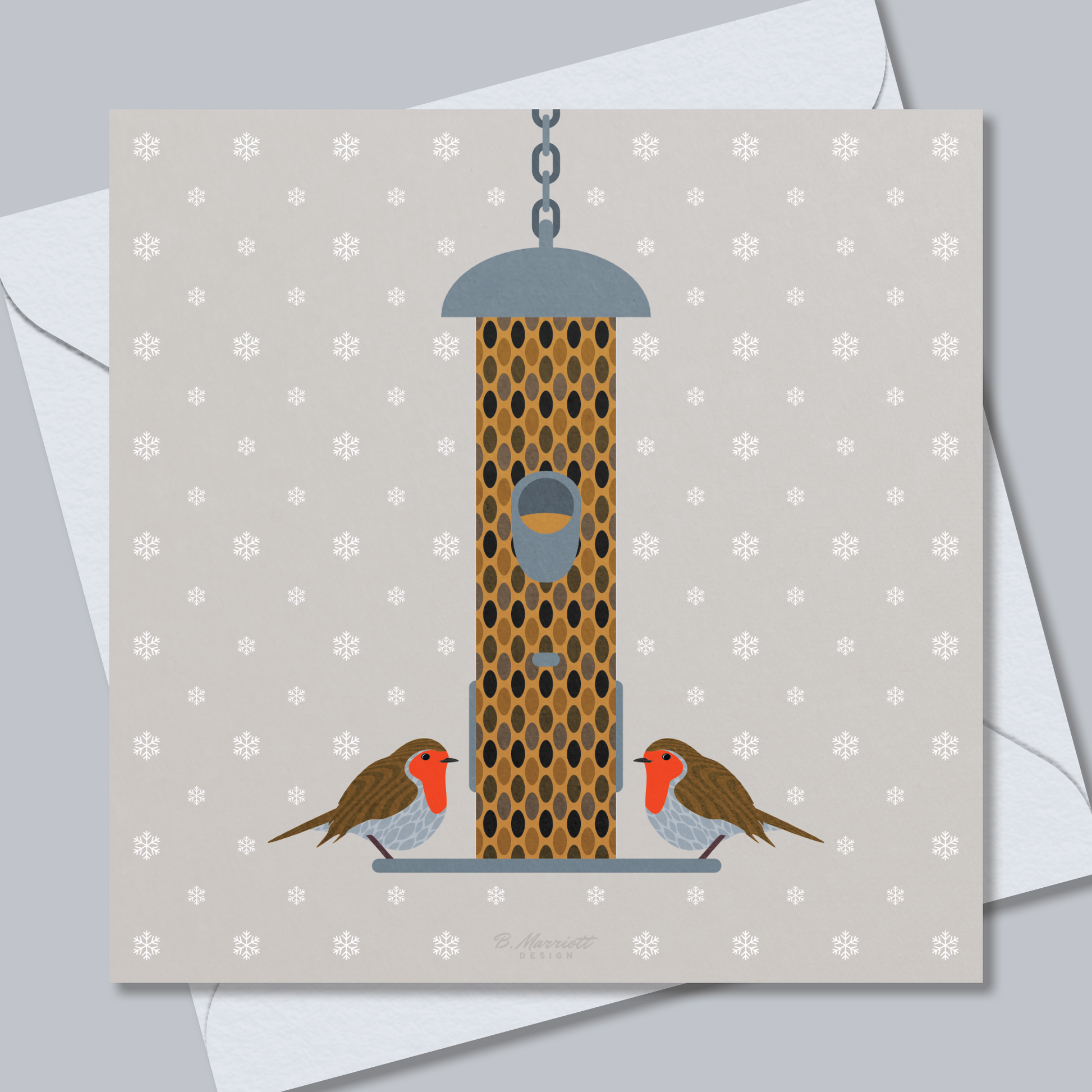 Robins On A Snowy Bird Feeder | British Birds & Wildlife Christmas Card from B. Marriott Design | 100% recycled, 100% recyclable & supporting charity with every purchase.