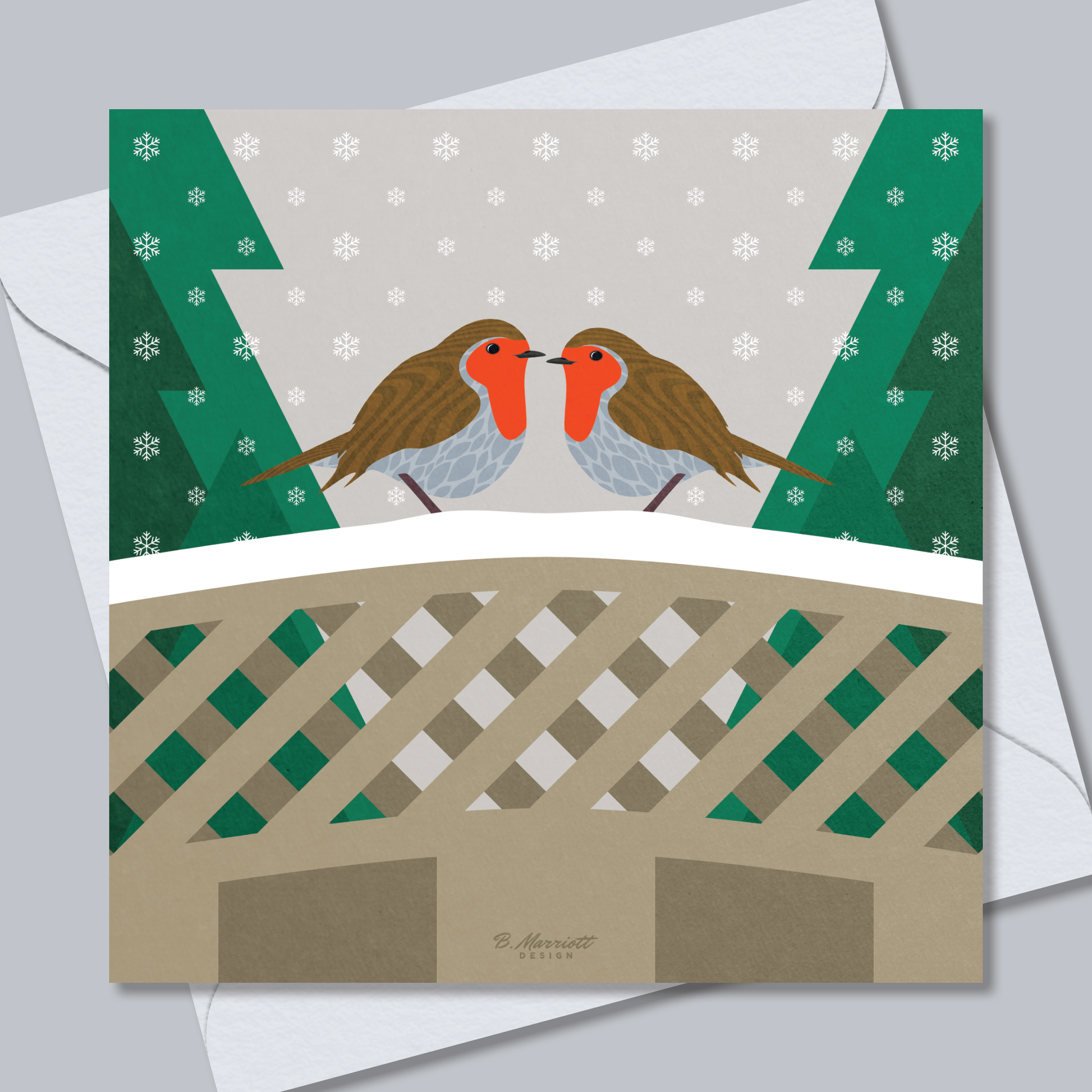 Robins On A Snowy Fence | British Birds & Wildlife Christmas Card from B. Marriott Design | 100% recycled, 100% recyclable & supporting charity with every purchase.