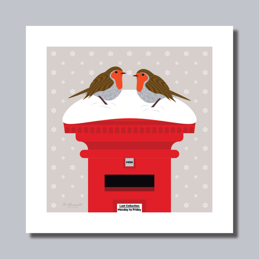 Robins On A Snowy Postbox Art Print