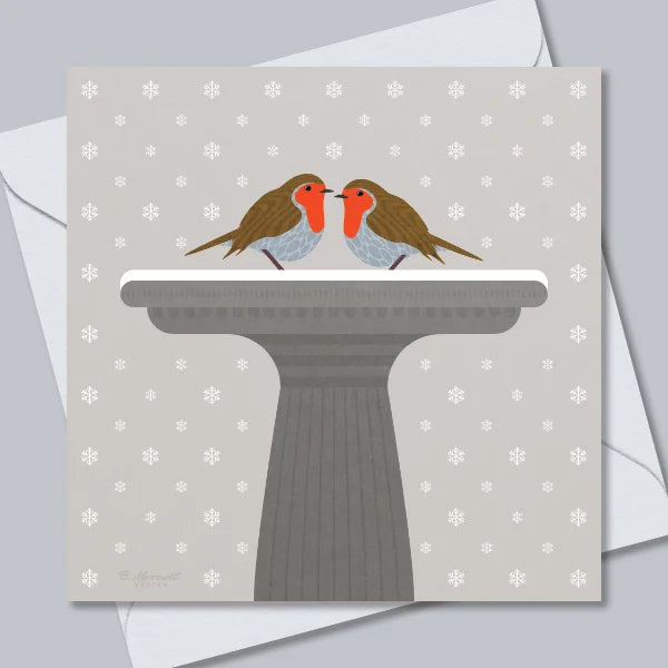 Robins On A Snowy Bird Bath Christmas Card