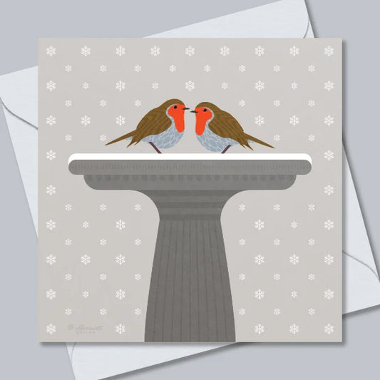 Robins On A Snowy Bird Bath Christmas Card