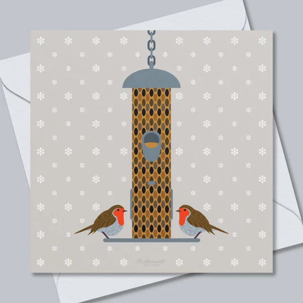 Robins On A Snowy Bird Feeder Christmas Card