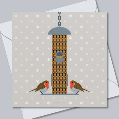 Robins On A Snowy Bird Feeder Christmas Card