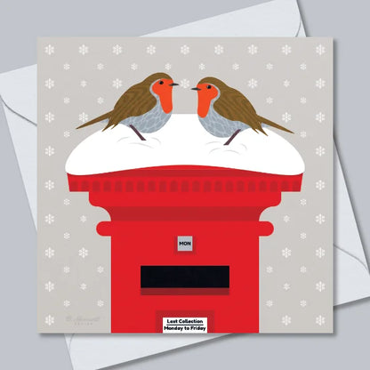 Robins On A Snowy Postbox Christmas Card