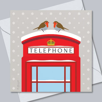 Robins On A Snowy Telephone Box Greetings Card