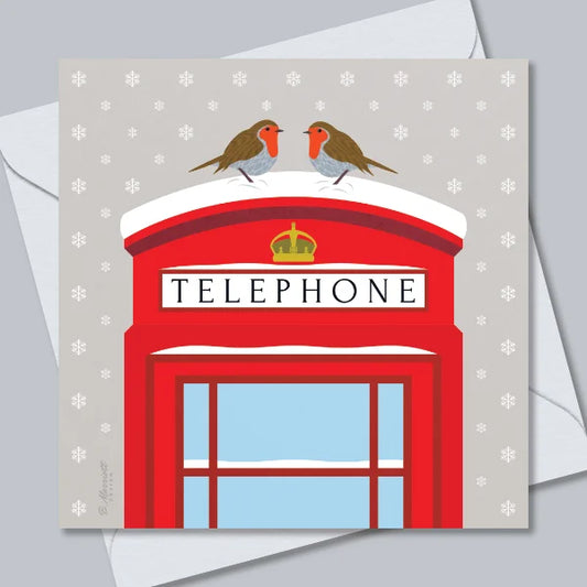 Robins On A Snowy Telephone Box Greetings Card