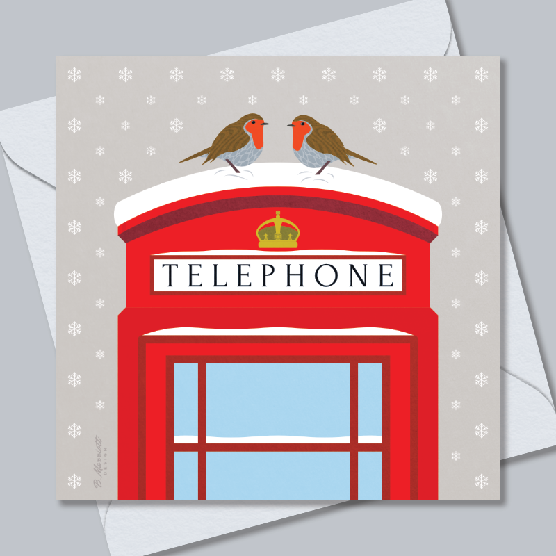 Robins On A Snowy Telephone Box Greetings Card
