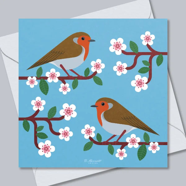 Robins On Cherry Blossom Greetings Card