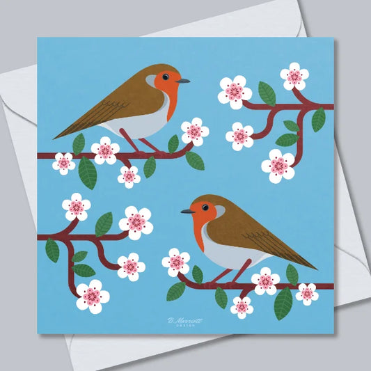 Robins On Cherry Blossom Greetings Card