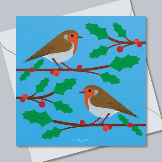 Robins On Holly Branches (Blue) Greetings Card
