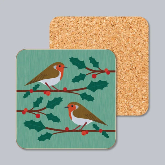 Robins On Holly Branches (Green) Coaster