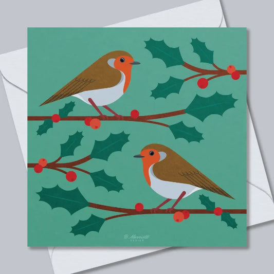 Robins On Holly Branches (Green) Greetings Card