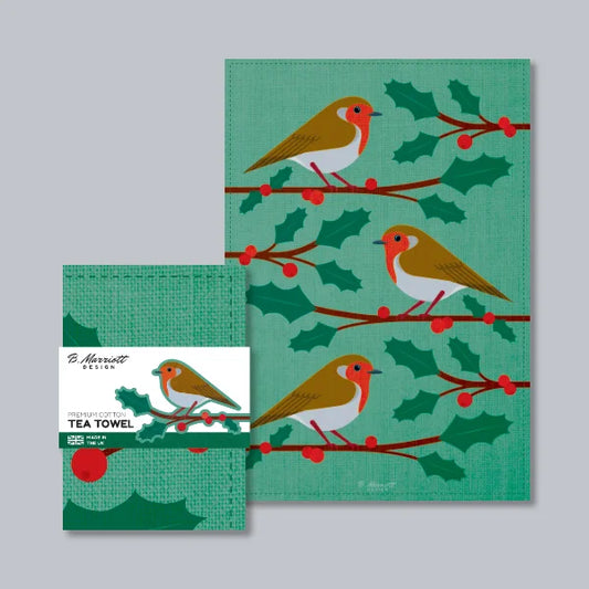 Robins On Holly Branches Tea Towel