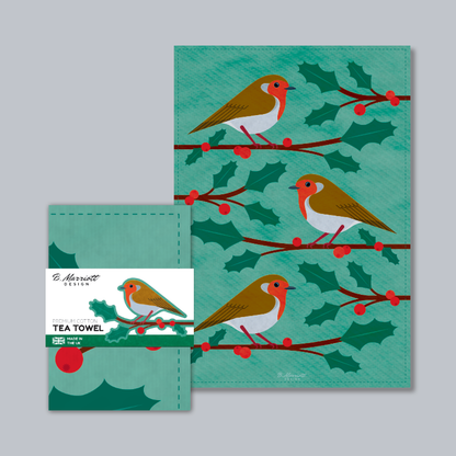 Robins On Holly Branches Tea Towel