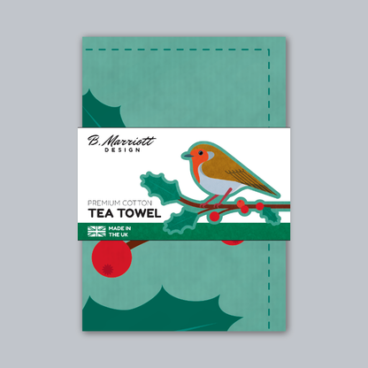 Robins On Holly Branches Tea Towel